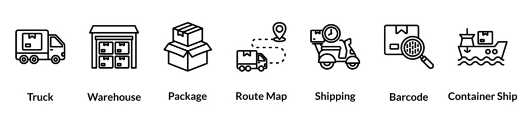 Logistics line icon set. Truck, Warehouse, Package, Route Map, Shipping, Barcode, Container Ship