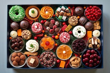 Diverse Arrangement of Seasonal Sweets and Gourmet Treats in a Colorful Top-Down Aerial Display