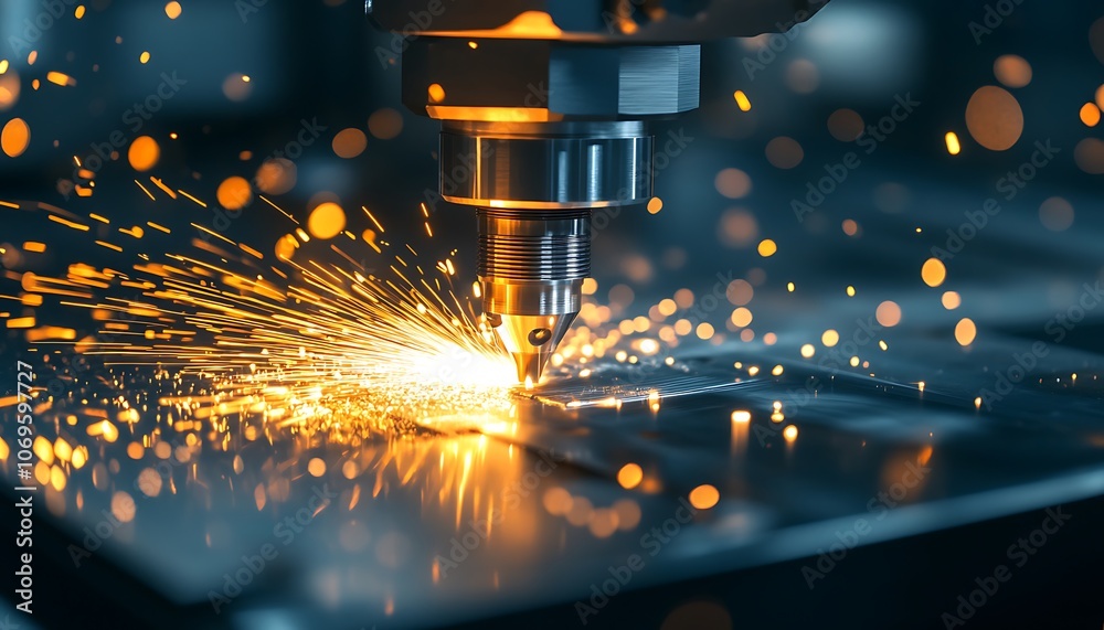 Poster A close-up of a precision cutting tool generating sparks while machining a metal surface, showcasing the process of metalworking and industrial technology.