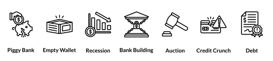 Bankruptcy line icon set. piggy bank, empty wallet, recession, bank building, action, credit crunch, debt