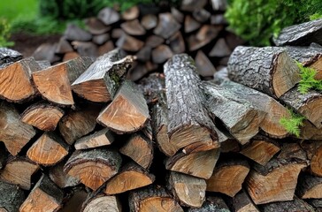 rustic woodpile and logs in natural setting with green bush in background