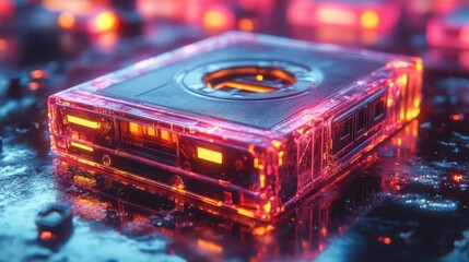 neon-colored cassette tape floating against a retro backdrop, evoking nostalgia for the 90s era of music, vibrant colors and playful designs celebrate vintage audio