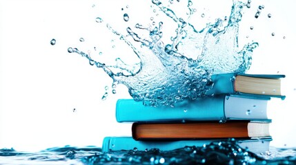 Stack of blue books splashed by water, symbolizing knowledge and freshness in learning. Ideal for academic and creative concepts.