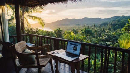 Fototapeta premium Laptop on a balcony with a mountain view