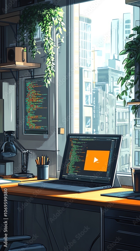 Poster A programmer's workspace with a laptop, desk, and cityscape view from a window.