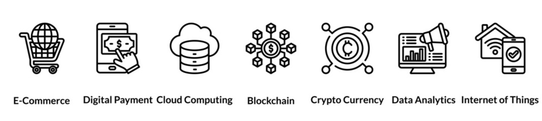 Digital economy line icon set. ecommerce, digital payment, cloud computing, blockchain, crypto currency, data analytics, internet of things