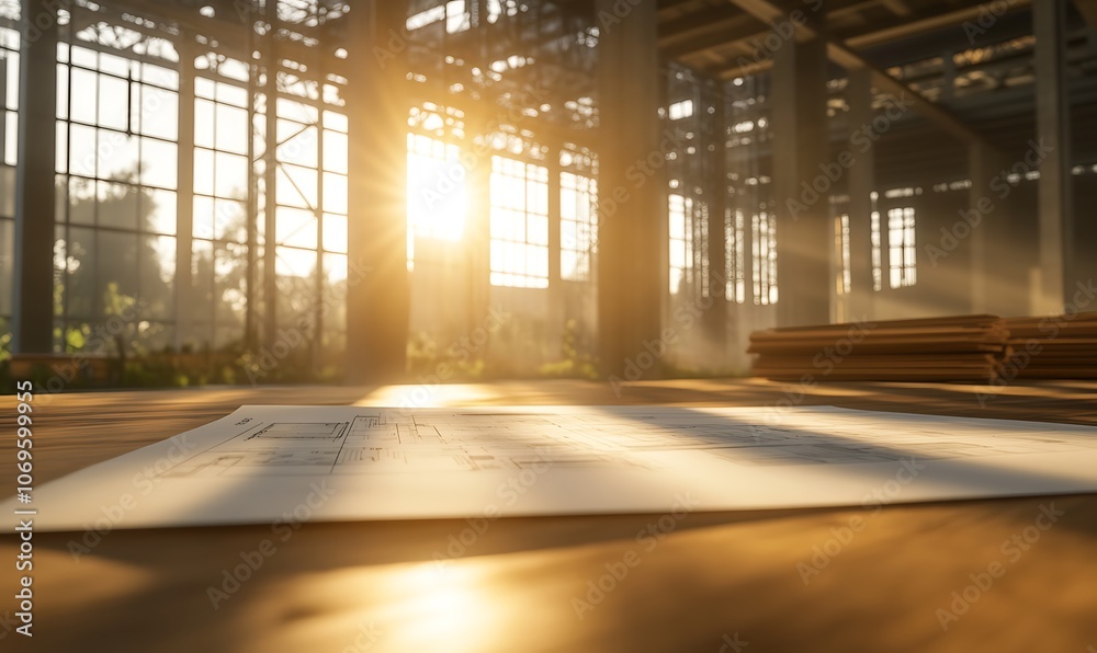 Aufkleber A sunlit room with large windows casts warm light on a sheet of paper resting on a wooden surface, evoking a serene and inspirational atmosphere.