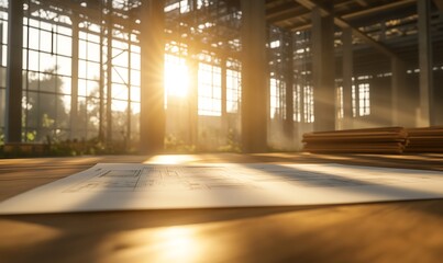 A sunlit room with large windows casts warm light on a sheet of paper resting on a wooden surface, evoking a serene and inspirational atmosphere.