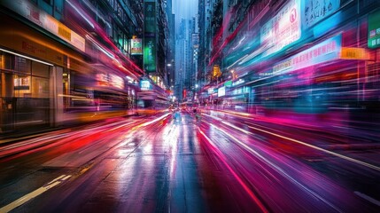 A vibrant city street scene at night, showcasing colorful lights and motion blur.