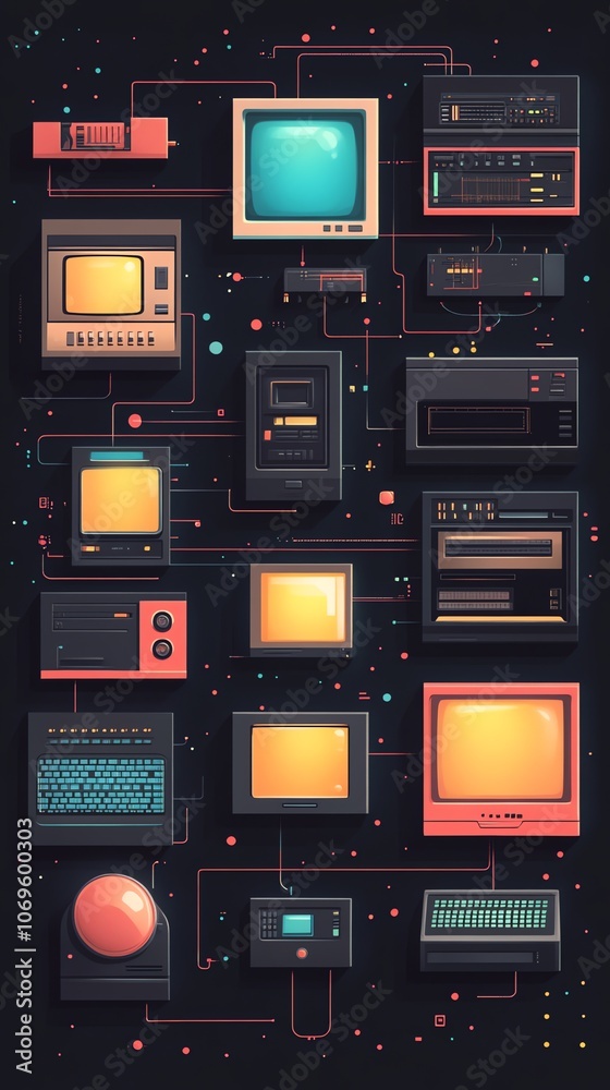 Poster A retro-style illustration of various computer and gaming devices connected by wires.
