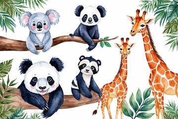 Naklejka premium Charming Watercolor Jungle Animals Including Koala Panda Sloth Tiger and Giraffe