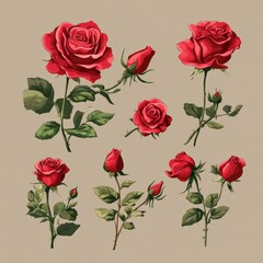 Collection of hand-drawn red roses in various stages of bloom, isolated on a beige background.