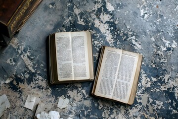 Two open books on a textured surface, suggesting reading and knowledge exploration.