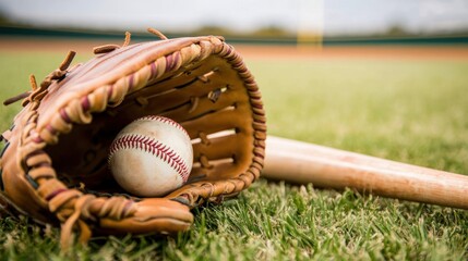 A baseball glove resting on grass with a baseball and bat nearby, symbolizing sports.