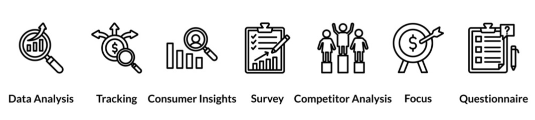 Market research line icon set. data analysis, tracking, consumer insights, survey, competitor analysis, focus, questionnaire