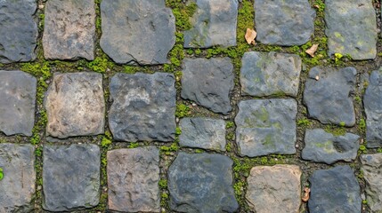Obraz premium Overhead view of cobblestone alley with cracks, moss, and aging texture. AI generated