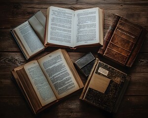 Obraz premium A collection of open and closed vintage books on a wooden surface.