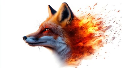 Obraz premium Vibrant and dynamic digital art of a fiery fox disintegrating into particles, set against a clean white background.
