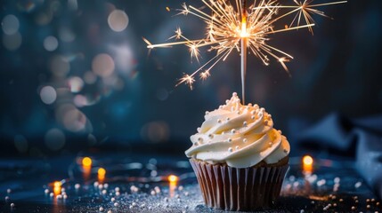 Beautifully decorated birthday cake with burning fireworks on a dark blue background,