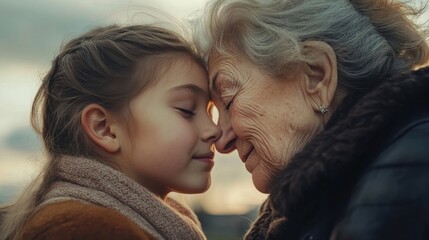 Senior grandmother kissing teenage granddaughter on forehead outdoors