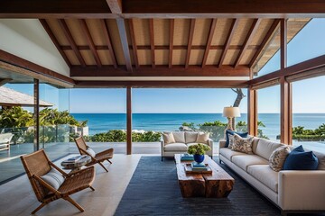 Fototapeta premium Stylish Oceanfront Retreat Featuring Modern Architecture and Coastal Design Elements