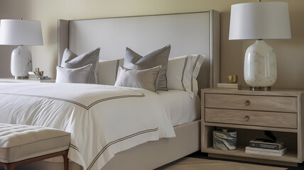 Elegant bedroom featuring a modern bed with a plush headboard, decorative pillows, stylish bedside lamps, and a light wooden nightstand for a sophisticated and cozy atmosphere.