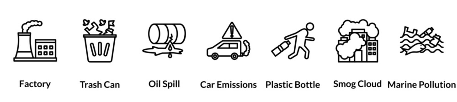 Pollution line icon set. factory, trash can, oil spill, car emissions, plastic bottle, smog cloud, marine pollution