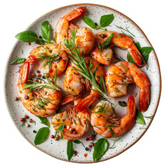 a platter with shrimps and topped with herbs isolated on white background.png
