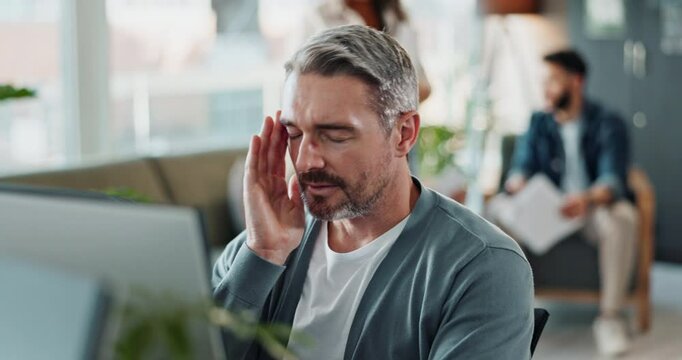 Man, stress and computer in office, massage face and employee burnout at startup business. Mature person, coworking workplace and frustrated for 404 error, mental health and exhausted for mistake