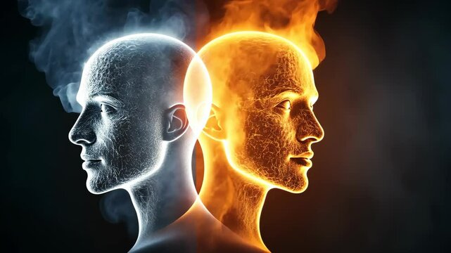 A digital rendering of two heads, one enveloped in ice and the other engulfed in flames, stand in stark contrast against a dark background