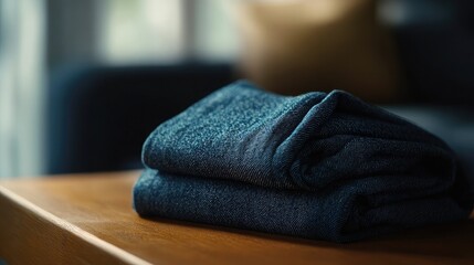 Softly Folded Denim Fabric on Wooden Surface