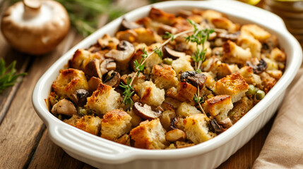 Stuffing with mushrooms and herbs for a flavorful Thanksgiving dish.