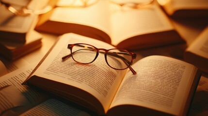 Obraz premium Vintage glasses resting on an open book, surrounded by other books, under a warm light, representing knowledge and learning.