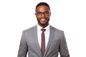 A smiling business man in a suit and tie holding a laptop and standing confidently in a modern office setting isolated on white background
