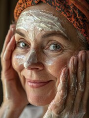 Beauty Skincare Routine: Woman applying face mask at home