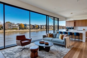 Fototapeta premium Stylish Contemporary Home by the Riverbank with Premium Furnishings and Expansive Views