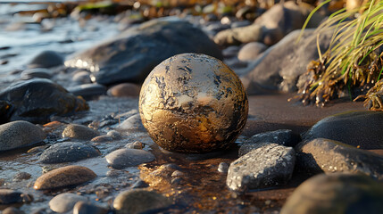 Golden Egg on a Rocky Beach 3D Illustration