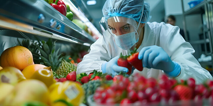  Food Safety Specialist Inspecting Fresh Produce, Worker in Protective Gear Checking Fruits