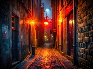 Fototapeta premium Aerial View of a Mysterious Alleyway with Glowing Red Sign Evoking Urban Superstitions and Unease