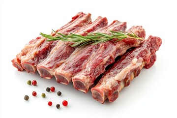 Obraz premium Fresh raw beef short ribs with rosemary and peppercorns isolated on white background.