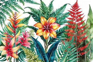 Lush Watercolor Illustration of Vibrant Tropical Flowers and Fern Plants