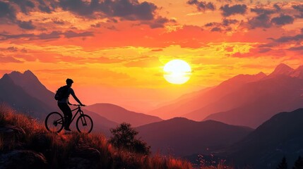 Obraz premium A cyclist enjoys a sunset view over mountains, capturing a moment of leisure and adventure.