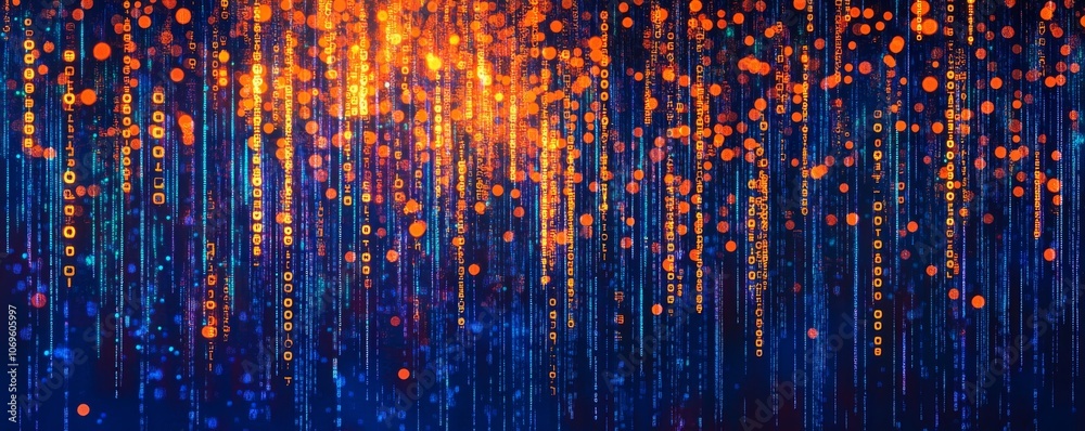 Poster Digital data stream with bright bokeh, abstract background. Technology and innovation concept