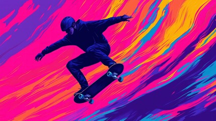 Obraz premium Skateboarder Performs Dynamic Tricks Against Vibrant Background