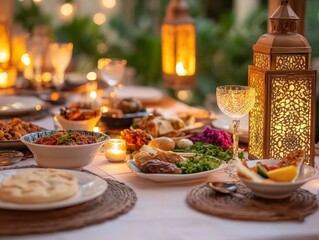 Fototapeta premium A beautifully arranged dining table featuring a variety of Middle Eastern dishes, surrounded by glowing lanterns and candles for a festive ambiance.