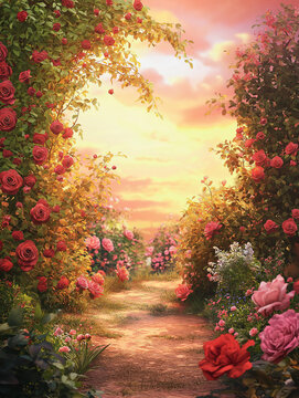 Serene botanical garden sunset pathway blooming pink rose peaceful landscape, romantic outdoor nature photography,visual art floral design,relaxation meditation,refreshing, charming,evening,arch,soft