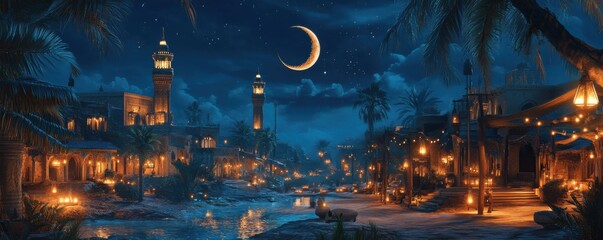 A picturesque Middle Eastern village illuminated by lanterns under a crescent moon and starry sky, creating a magical, tranquil night ambiance.