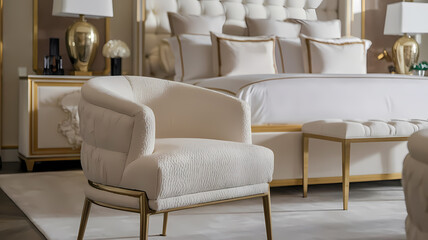 Fototapeta premium Elegant bedroom featuring a plush white armchair, gold accent details, a luxurious bed with decorative pillows, and stylish bedside tables, enhancing the space's sophistication and comfort.