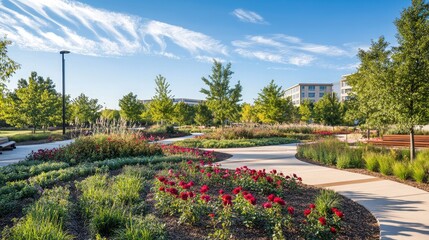 Obraz premium Beautiful Park Path with Lush Greenery and Flowers