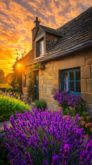 Rustic countryside garden blooming lavender rose sunset, tranquil pathway through colorful wildflower vibrant greenery,photography romantic serene evening outdoor nature scene,cottage,core,sunset,hill